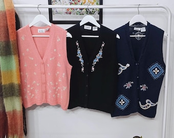 Chalecos de punto vintage de primavera/verano M / Cárdigan sin mangas bordado de los años 90-00 / Talla M de mujer