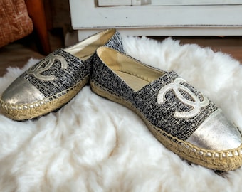 Chanel tweed grey and metalic silver espadrilles, size 5 (UK) Size 37 EU | great condition, unboxed | flats, designer shoe boucle tweed