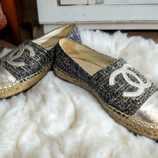 Chanel tweed grey and metalic silver espadrilles, size 5 (UK) Size 37 EU | great condition, unboxed | flats, designer shoe boucle tweed