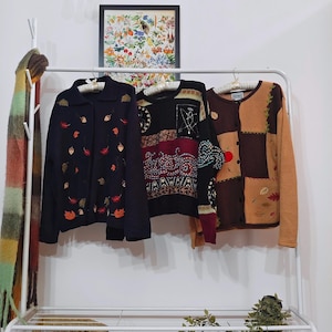 L-XL vintage autumn/fall cardigan sweaters | RamieCotton  | womens cardigan | fall leaves, acorns, abstract embroidery, apple patchwork