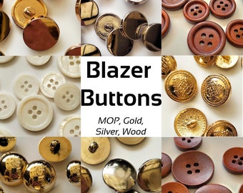 10 blazer buttons, gold, silver, plain, crest, mother of pearl MOP, wood, metal, domed, flat, high quality, suit set of 11 buttons