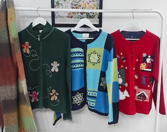 M/L – Vintage-Weihnachtspullover | Festliche Strickjacke im Retro-Stil der 90er/00er Jahre mit Stickerei | Damengröße M–L