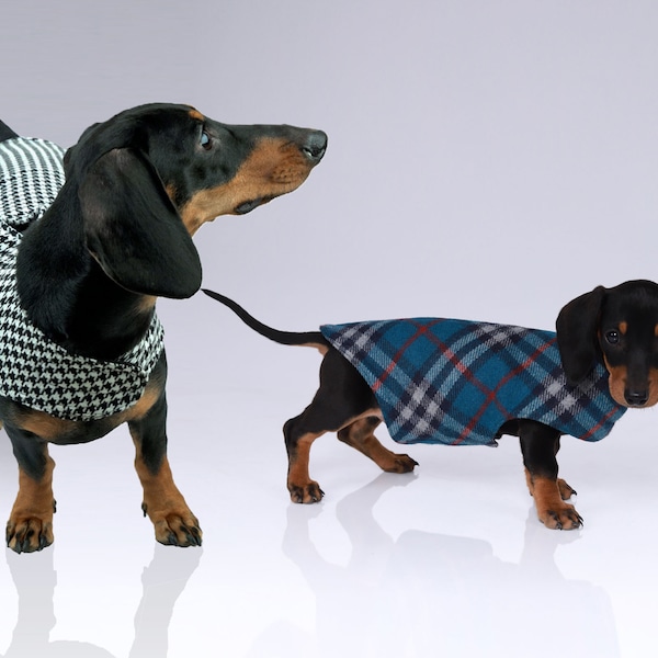 Custom tweed & tartan dog coat, dachshund, pug, any dog! Lead attachment, harness hole, padded optional. Fleece lining, custom embroidery
