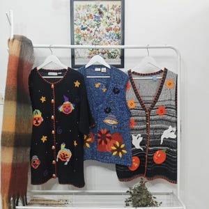 XL,2X - vintage Halloween sweater vests | retro 90's-00's handmade patchwork embroidery womens 1X, XXL sizes sleeveless cardigan