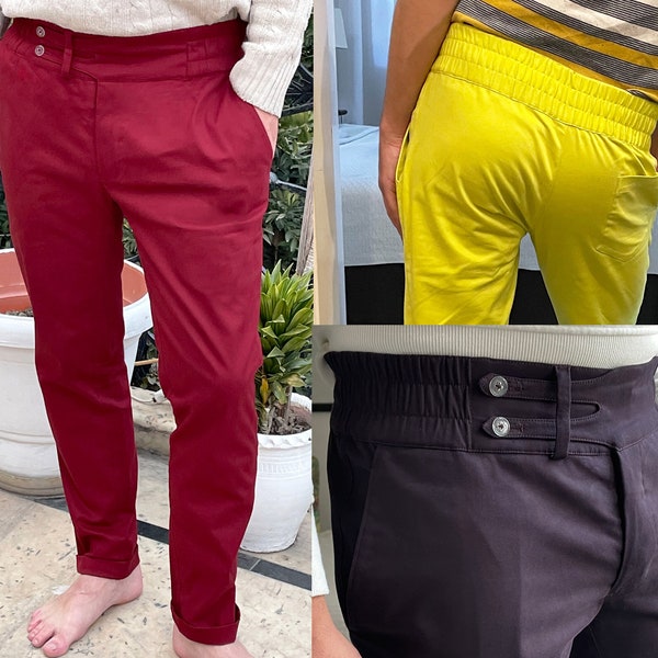 Pantalon chino élégant et extensible avec large ceinture élastiquée, confortable, pantalon gurkha avec détail à la taille, coton stretch texturé, dix couleurs