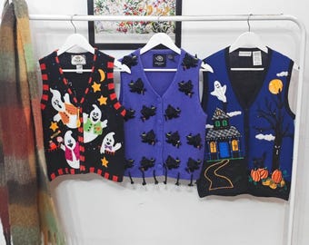 PP/S - vintage Halloween sweater vests | retro 90's-00's handmade decorated embroidery | women's Small | spooky knit