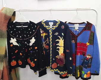XL size vintage Halloween / fall sweaters | 90's-00's hand knitted embroidered cardigan | womens 1X