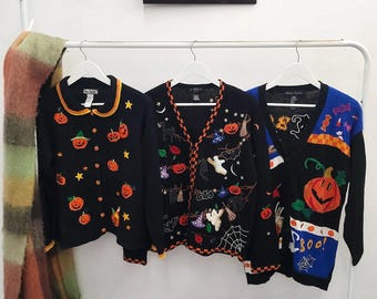 L size vintage Halloween / fall sweaters | 90's-00's hand knitted embroidered cardigan | womens large