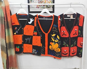XL - vintage Halloween sweater vests | 90's-00's handmade embroidery | womens 1X spooky knit