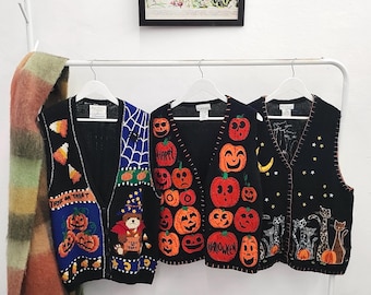 XL - vintage Halloween sweater vests | 90's-00's handmade embroidery | womens 1X spooky knit