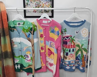 Maglioni estivi vintage M-L / Cardigan lavorato a mano in ramia e cotone anni '90-'00 con motivo / da donna taglia media-grande