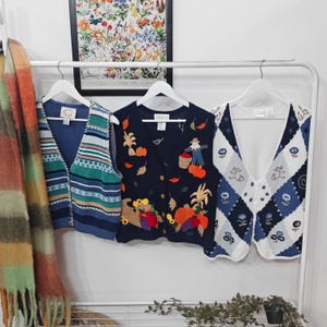 Könnte beinhalten: Drei ärmellose Strickwesten hängen an weißen Kleiderbügeln. Die linke Weste hat blaue, grüne und beige Querstreifen. Die mittlere marineblaue Weste zeigt gestickte Kürbisse, Maiskolben und eine Vogelscheuche. Die rechte Weste hat ein Rautenmuster.