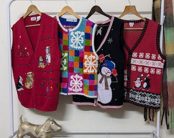 Large vintage christmas sweater vests | retro 80-90&#39;s ramiecotton handmade beaded knitwear | festive holiday themed cardigan | womens size L