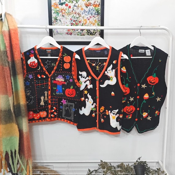 M - vintage Halloween sweater vests | 90's-00's handmade embroidery | womens medium sleeveless cardigan