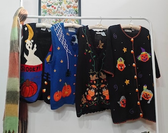 S-L-1X-2X vintage Halloween sweater vests | retro 80-90&#39;s ramiecotton handmade embroidered womens cardigan | ugly pumpkin bear spider web