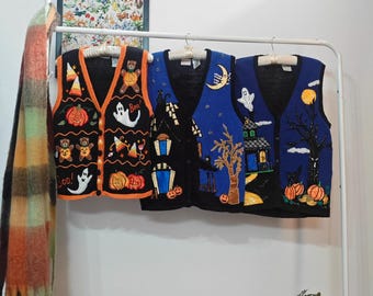 S-M vintage Halloween-sweatervesten | retro jaren 80-90's rameekatoen handgemaakt versierd met kralen geborduurd damesvest | spookhuis