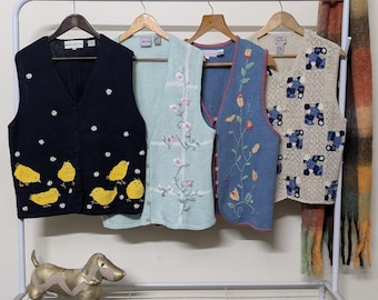 M-L vintage easter spring sweater vests | RamieCotton handknit patterned embroidered beaded colorful pastel sleeveless sweaters | women&#39;s