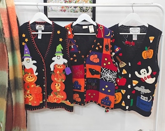 L - vintage Halloween sweater vests | retro 90's-00's handmade decorated embroidery | womens Large | spooky knit