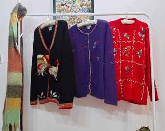 L-XL vintage colourful sweaters |   | womens cardigan | Cockerel sweater, hand embroidered floral flowers, red, purple, black