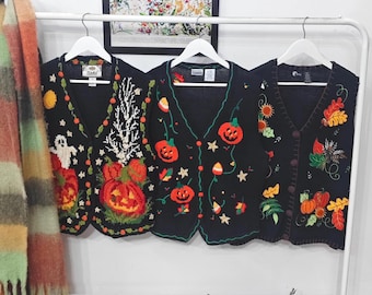 Ultimate Vintage 1990s 90s Knit Halloween Pumpkin Jack-o-lantern