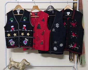 XL vintage christmas sweater vests | retro 80-90&#39;s ramiecotton handmade beaded knitwear | festive holiday themed cardigan | extra large