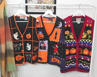 L - vintage Halloween sweater vests | 90's-00's handmade embroidery | womens large | spooky knit