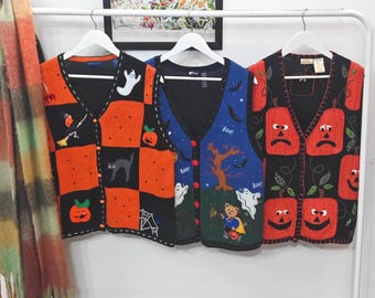 L - vintage Halloween sweater vests | retro 90's-00's handmade decorated embroidery | womens Large | spooky knit