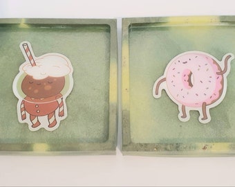 Set of 2 handmade adventure time coasters in colours green and yellow.