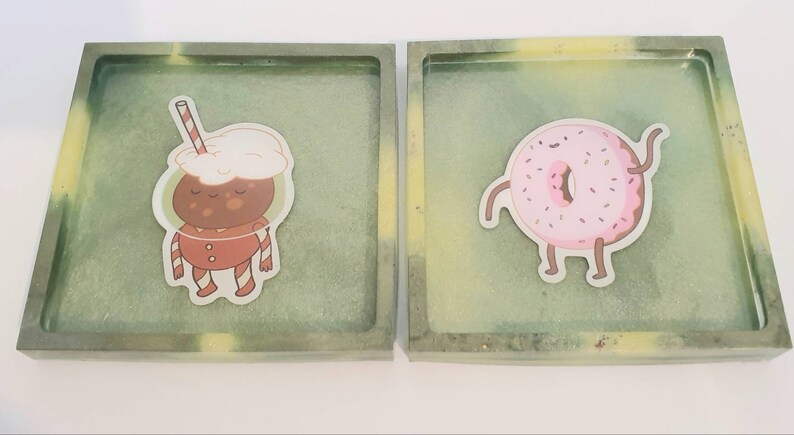 Set of 2 handmade adventure time coasters in colours green and yellow.