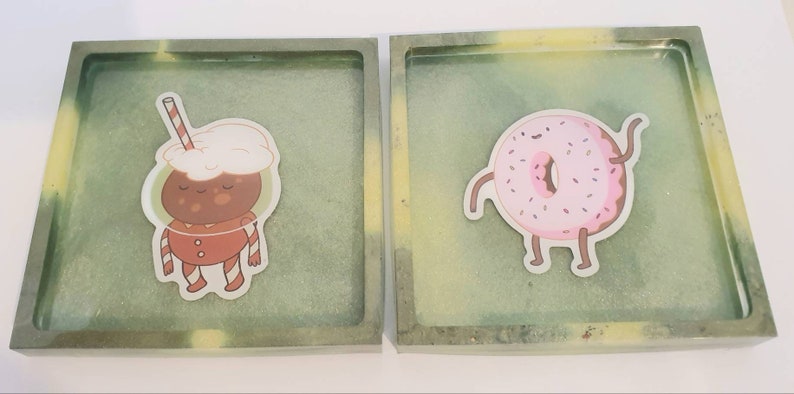 Set of 2 handmade adventure time coasters in colours green and yellow.