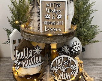 Winter Decor, Winter Signs, Holiday Decor, Holiday Signs, Tiered Tray, Tiered Tray Signs, Neutral Tiered Tray Decor, Neutral Winter Decor