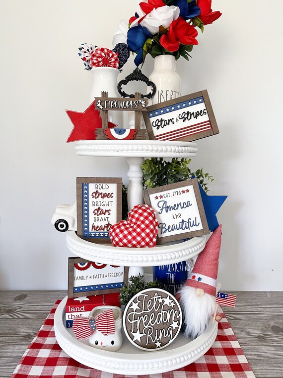 Patriotic Decor, Patriotic Signs,  Fourth of July Decor, Memorial Day Decor, USA Decor, Tiered Tray Decor, Wood Sign, Summer Decor, Rae Dunn