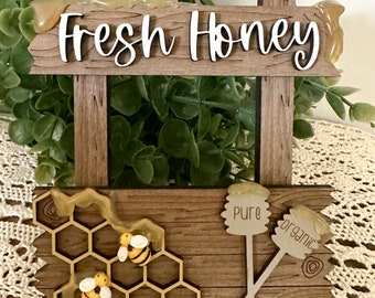 Bee Decor, Bee Sign, Honey Sign, Spring Sign, Spring Decor, Spring Tiered Tray, Bee Tiered Tray, Rae Dunn, Tiered Tray Decor, Wood Signs