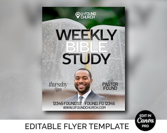 Könnte beinhalten: Werbeflyer für ein wöchentliches Bibelstudium, mit einem Mann im Anzug und einem offenen Buch im Hintergrund. Der Text lautet "WEEKLY BIBLE STUDY" und enthält den Namen der Kirche, die Uhrzeit und die Adresse. Eine editierbare Vorlage.