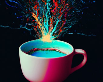 A colorful explosion on a vaporwave in a neon flux in a cup of coffee