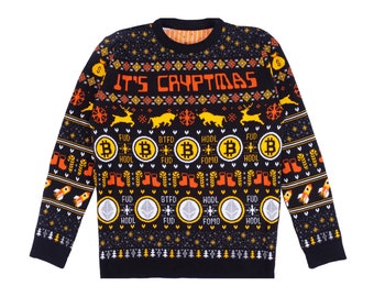 Pull de Noël tricoté avec crypto-monnaie Merry Cryptmas | Sweatshirt de Noël moche unisexe | Vêtements fantaisie en crypto-monnaie | Bitcoin | Ethereum