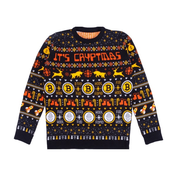 Pull de Noël tricoté avec crypto-monnaie Merry Cryptmas | Sweatshirt de Noël moche unisexe | Vêtements fantaisie en crypto-monnaie | Bitcoin | Ethereum