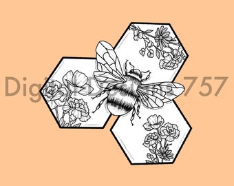 May include: Black and white line drawing of a bee flying over a honeycomb with flowers inside. The honeycomb is made up of three hexagonal shapes.