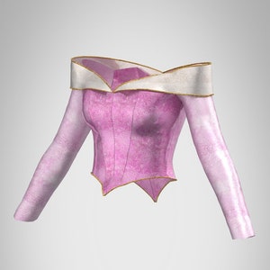 Puede incluir: Una blusa rosa de hombros descubiertos con mangas largas y ribetes dorados. La blusa tiene un corpi&ntilde;o ajustado y un dobladillo ligeramente acampanado.