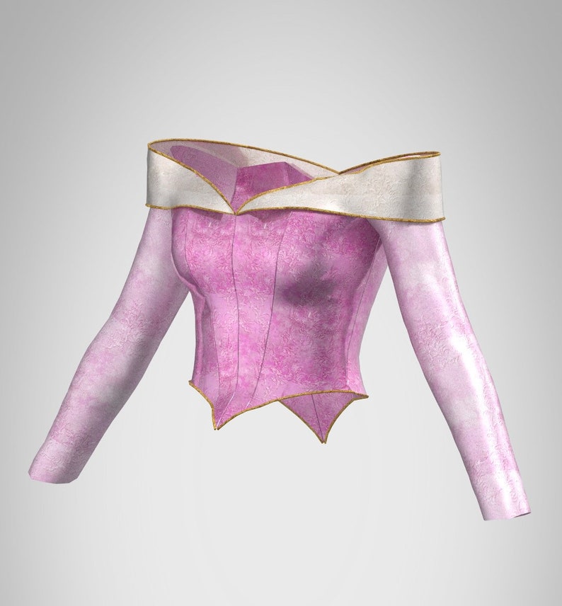Puede incluir: Una blusa rosa de hombros descubiertos con mangas largas y ribetes dorados. La blusa tiene un corpi&ntilde;o ajustado y un dobladillo ligeramente acampanado.