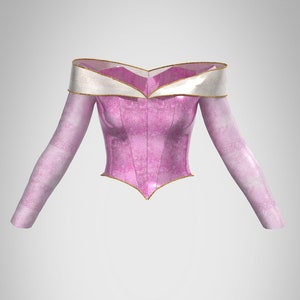 Puede incluir: Una blusa rosa de hombros descubiertos con mangas largas y ribete dorado. La blusa tiene un corpi&ntilde;o ajustado y un dobladillo puntiagudo.