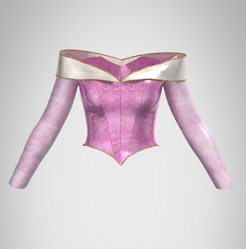 Puede incluir: Una blusa rosa de hombros descubiertos con mangas largas y ribete dorado. La blusa tiene un corpi&ntilde;o ajustado y un dobladillo puntiagudo.