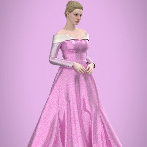 May include: A woman wearing a pink, off-the-shoulder gown with a white trim. The gown has a sparkly, textured fabric and a full skirt.