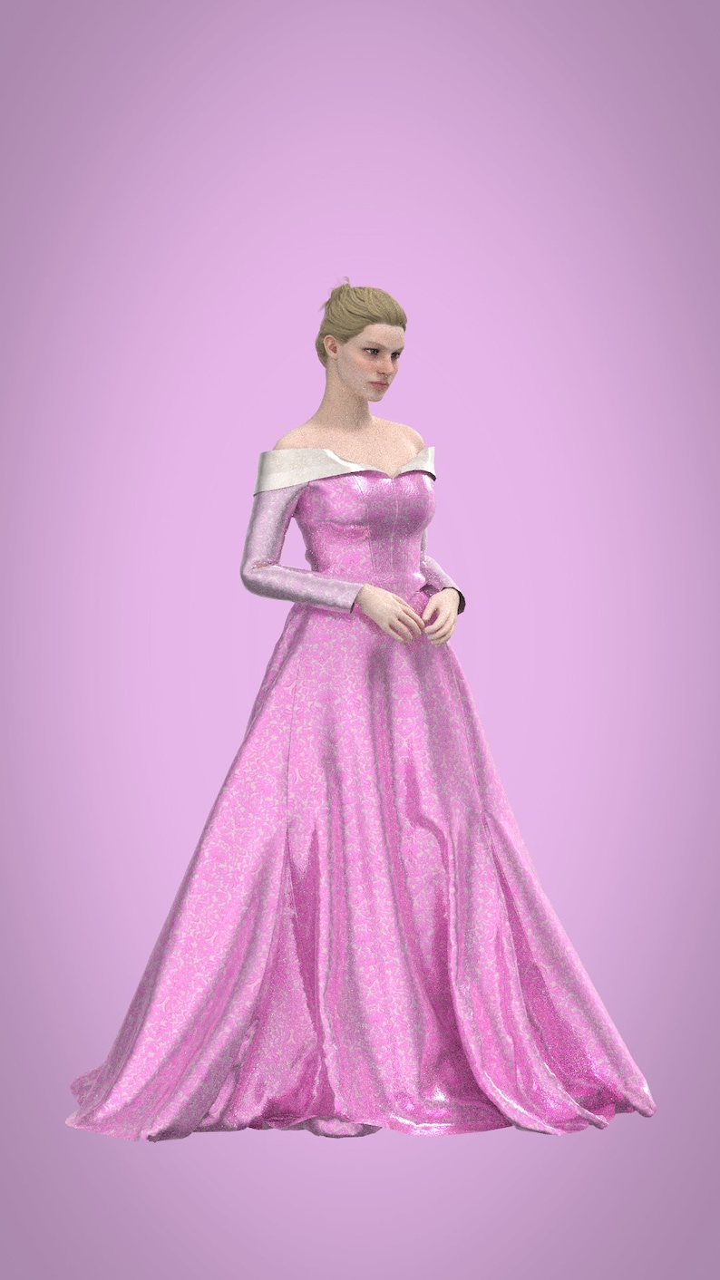 May include: A woman wearing a pink, off-the-shoulder gown with a white trim. The gown has a sparkly, textured fabric and a full skirt.