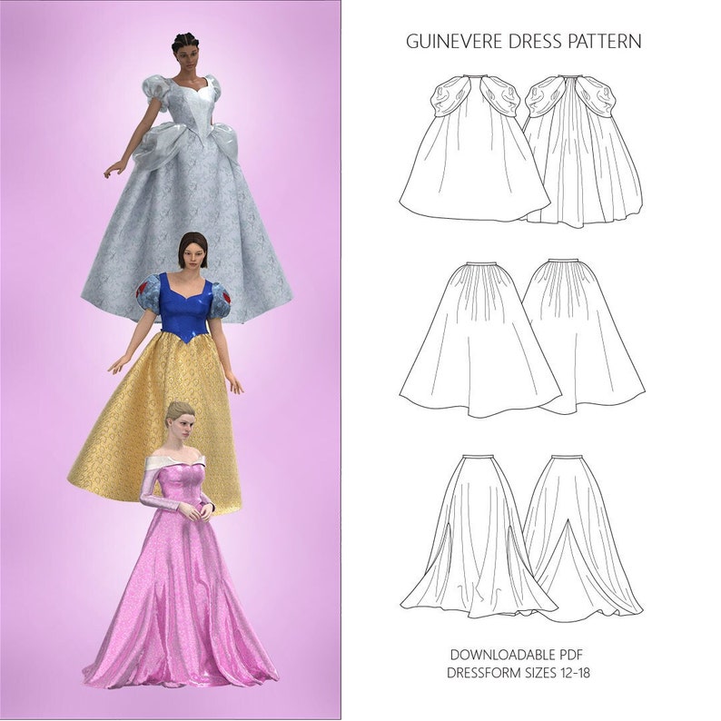 May include: A digital sewing pattern for a Guinevere dress. The pattern includes three different skirt styles: a gathered skirt, a full skirt, and a skirt with a centre split. The pattern is available in dressform sizes 12-18.