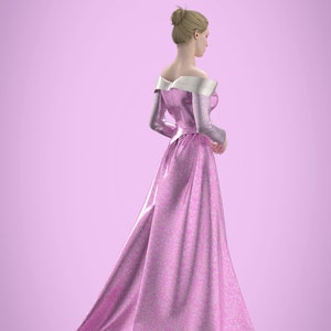 May include: A woman wearing a pink, off-the-shoulder gown with a white trim. The gown has a fitted bodice and a flowing skirt.