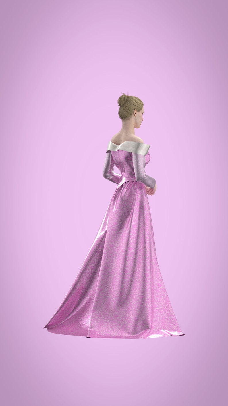 May include: A woman wearing a pink, off-the-shoulder gown with a white trim. The gown has a fitted bodice and a flowing skirt.