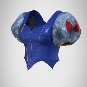 Puede incluir: Un corpi&ntilde;o azul con escote de coraz&oacute;n y mangas abullonadas. Las mangas est&aacute;n decoradas con un estampado floral y detalles rojos.