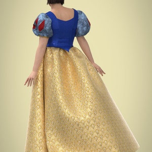 May include: A woman wearing a blue and white dress with red accents. The dress has a full skirt and puffed sleeves. The woman is standing with her back to the camera.