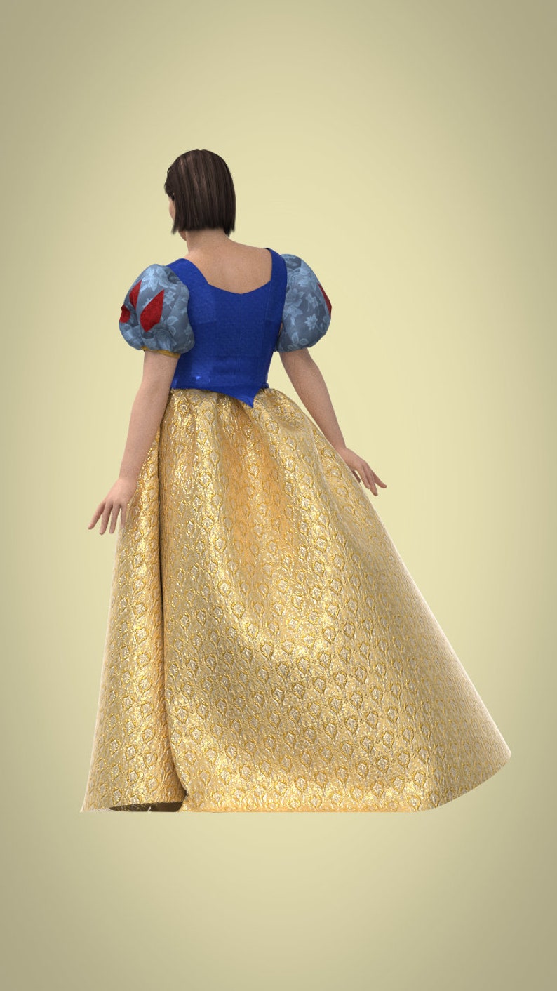 May include: A woman wearing a blue and white dress with red accents. The dress has a full skirt and puffed sleeves. The woman is standing with her back to the camera.